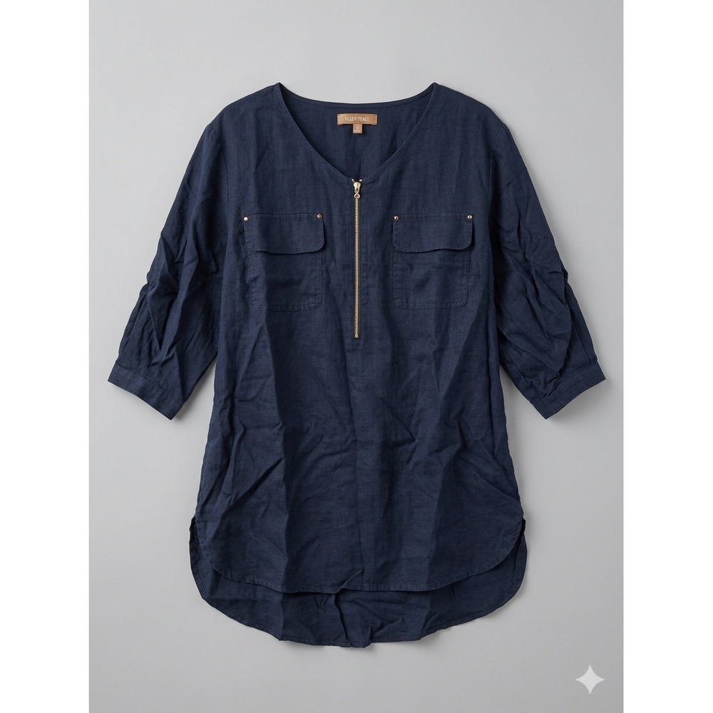 Ellen Tracy 100% Linen Blue Tunic Blouse Size 1X | Gold Zip Utility Top